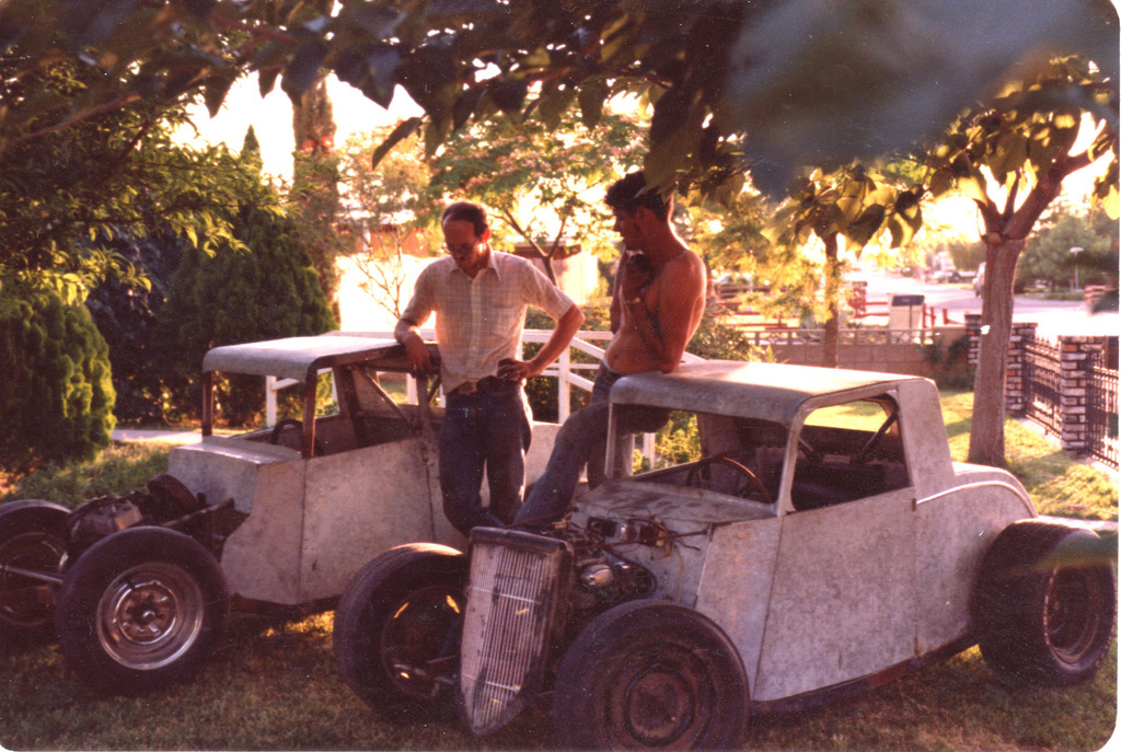 Early Dwarf Race Cars Daren and Ernie inspecting two of their first Dwarf car racers.