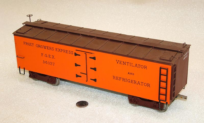 A scratch-built model refrigerator car.