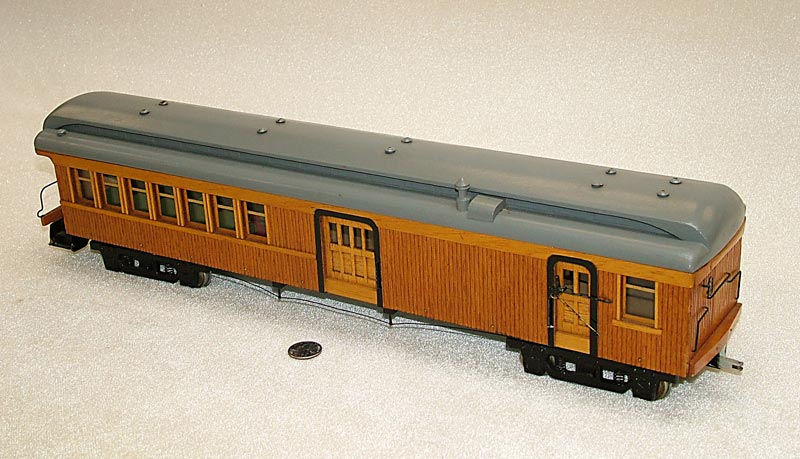 A passenger rail car.