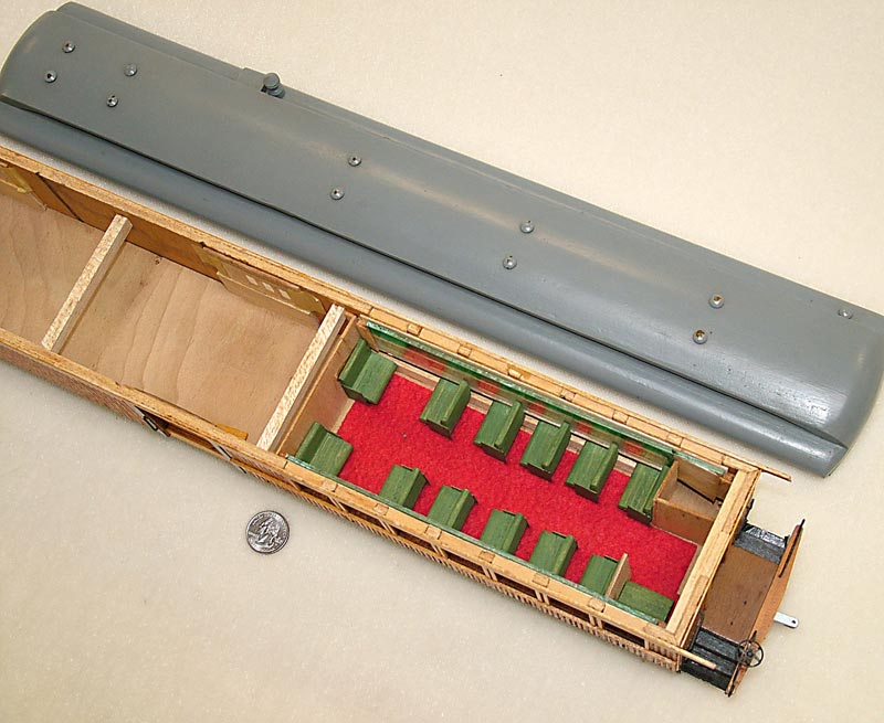The interior of a rail car model.