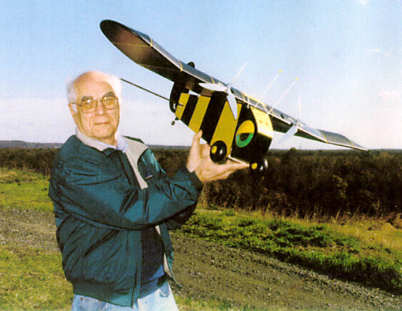 Clancy Lazy Bee Airplane Gerhard holding his modified Clancy Lazy Bee.