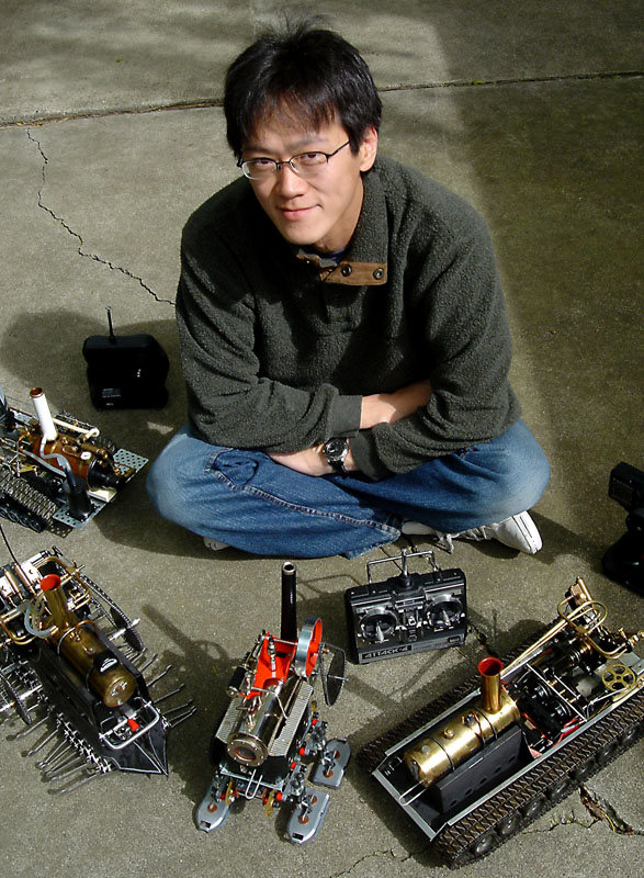 I-Wei With His Robots I-Wei Huang with some of his steam powered robots.