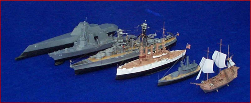 1/600 Scale Ships Bill's scale model ships illustrate naval design evolution.
