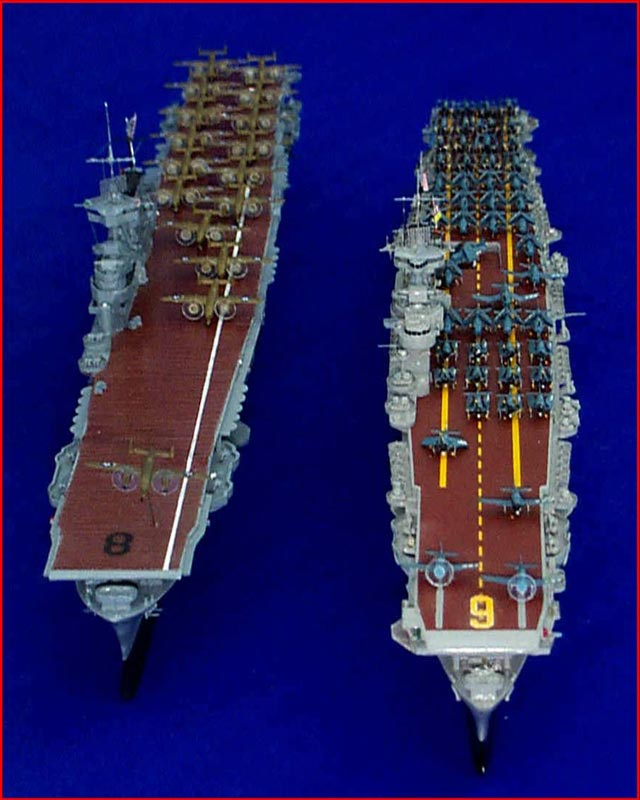 1/600 Scale Aircraft Carriers Two of Bill's scale model aircraft carriers loaded with planes.