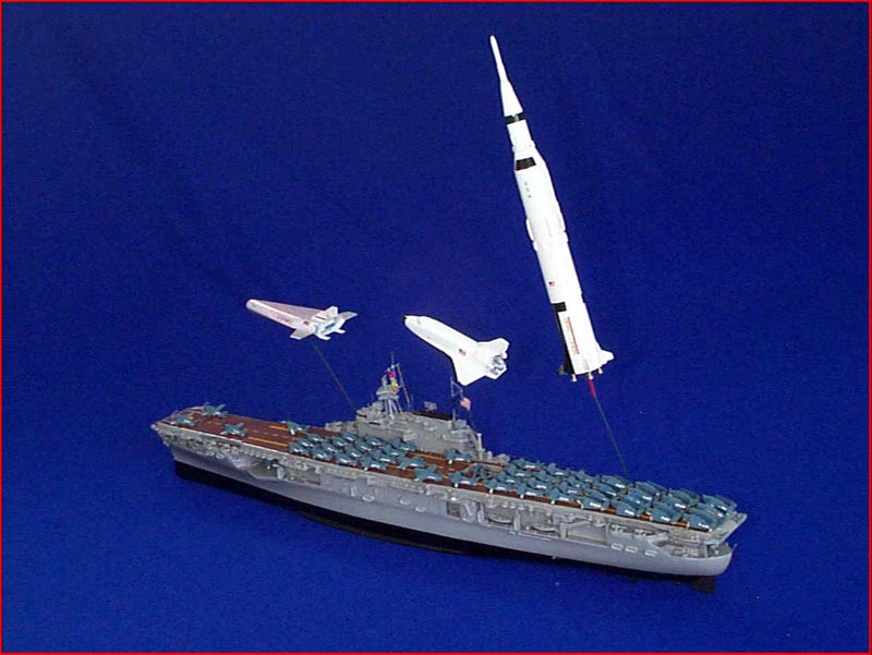 1/600 Scale Models One of Bill's scale model aircraft carriers with his model spacecraft.