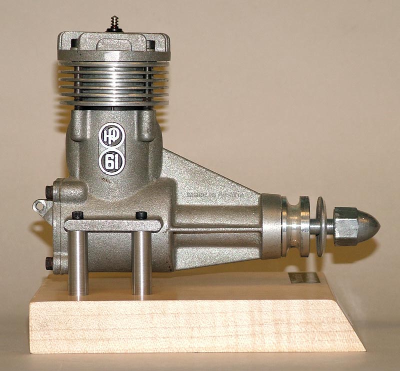 An older HP .61 single-cylinder cutaway. (No number, unpainted, rear intake.)