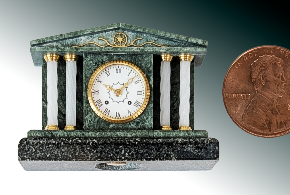 Marble Mantle Clock Miniature Marble Mantle Clock. Materials: Green marble case with Steatite base, brass bezel, column ends and accent. Plastic movement holder (PLA). Plastic columns (PETG). 1.5x1.1x.65