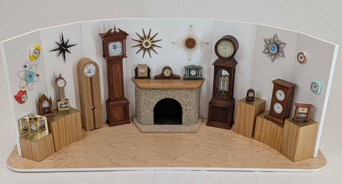 Miniature Clock Full Display A full display of miniature clocks crafted by Steve Elliott.